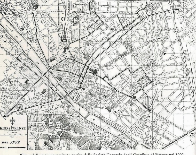 1902 - Pianta della città con i percorsi della tranvia ippotrainata